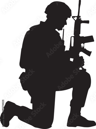 Kneeling soldier silhouette vector illustration with rifle and tactical gear in profile view