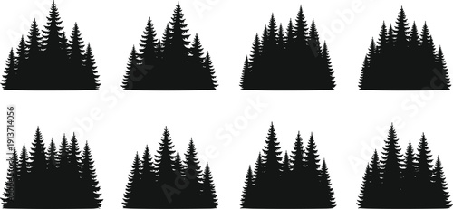 Set Of Black Pine Forest Silhouettes Featuring Various Evergreen Tree Groups For Outdoor Adventure Nature Travel Camping Or Wilderness Landscape Concept Vector Illustration Isolated On White