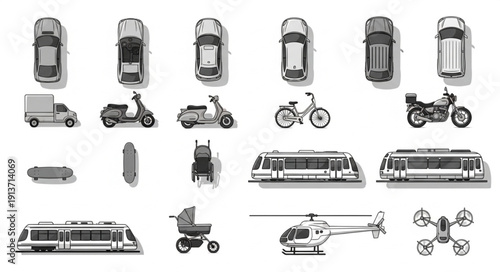 Collection of various vehicles seen from above in a flat design style.