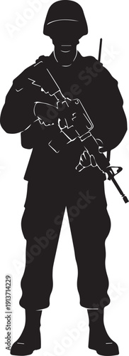 Soldier with rifle vector silhouette illustration, military man line art on transparent background