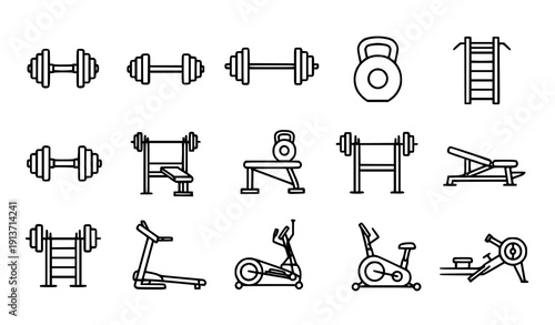 Workout Bodybuilding Equipment Line Icons Black White Vector
