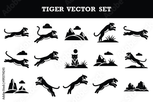 Collection of stylized tiger vector illustrations in various dynamic poses and natural scenes isolated design