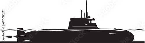Submarine silhouette vector illustration showing line art of naval vessel in deep sea water