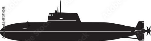 Submarine vector silhouette illustration showing hull details periscope and rear propeller