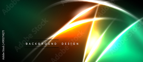 Abstract neon lines create vibrant energy. Green, orange, white blend into dark background. Modern design element.