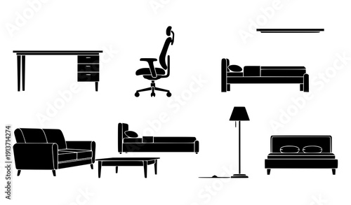 Workspace and Living Room Furniture Black Silhouette Icons
