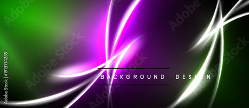 Abstract neon lines blend vibrant green, purple, black. Dynamic energy radiates from central light source. Modern design element.