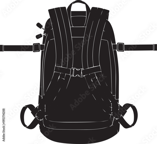Tactical backpack silhouette vector illustration showing straps and rear view of gear bag