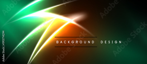 Abstract design features vibrant gradients, flowing lines, bright central burst. Dark background emphasizes luminosity, modern aesthetic.