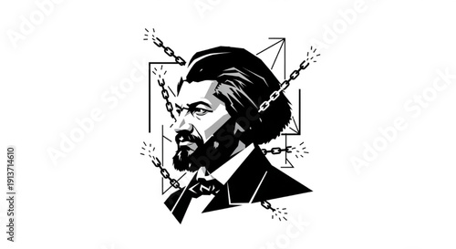Stylized Silhouette Portrait of Frederick Douglass with Broken Chain Symbol of Freedom Clean Geometric Flat Vector Illustration