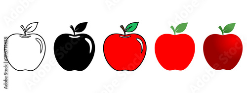 Ultimate Red Apple Illustration Bundle: 5 Different Styles Including Glossy, Flat, Cartoon, Silhouette, and Line Art for Versatile Branding and Educational Design