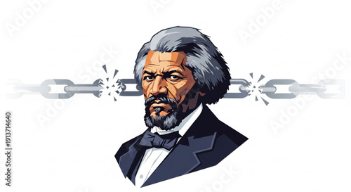 Stylized Silhouette Portrait of Frederick Douglass with Broken Chain Symbol of Freedom Clean Geometric Flat Vector Illustration
