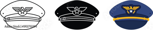 Collection of pilot hats including outline silhouette and colored vector graphics for aviation themes