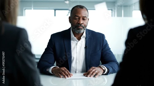 Professional interview in a modern office setting with a man dressed in a suit being interviewed by two unseen individuals