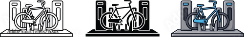 Collection of bicycle parking icons representing different styles for urban transport and city planning isolated on white