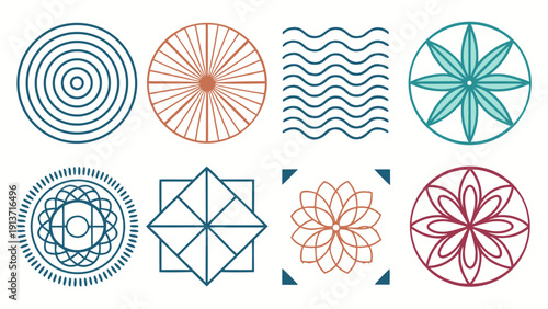 A collection of geometric patterns and abstract circular designs, featuring various symmetrical and ornamental motifs