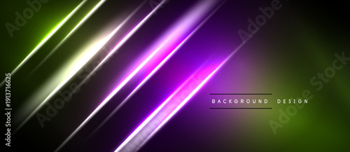 Abstract neon lines create dynamic gradient effect. Vivid purple, green hues dominate dark background. Modern design element.