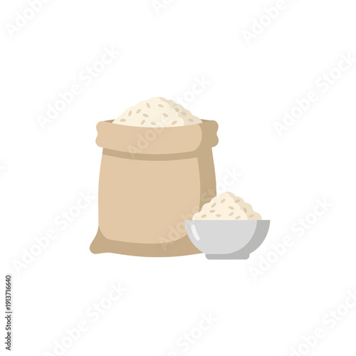 Rice Sack and Bowl of White Basmati Rice Grain Vector Illustration Isolated on White Background