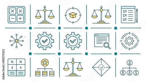 Illustration of various icons representing education, justice, and technology in a grid layout from a direct viewpoint