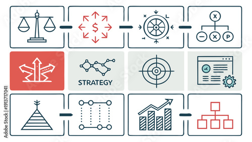 Visual representation of core business strategies, including decision-making, financial flow, goal setting, process optimization, and organizational hierarchy, in a modern icon set