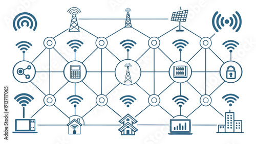 Exploring the interconnectedness of modern technology through a network of communication towers, wi-fi signals, and data transfer icons, symbolizing a connected world