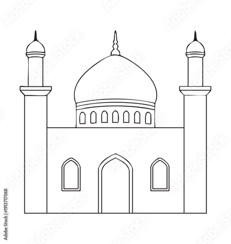 Minimalist black and white line art illustration of a traditional mosque with a large central dome and two symmetrical minarets