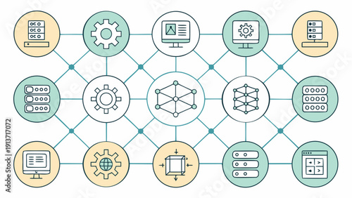 Networked digital infrastructure with interconnected computing and data storage elements visualized with icons