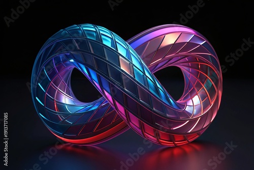Abstract glowing infinity symbol sculpture illuminated with vibrant neon blue and magenta light