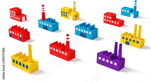 Colorful toy factories arranged in a scattered pattern on a white background.