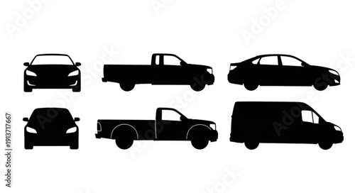 Collection of vehicle silhouettes including cars trucks and van.