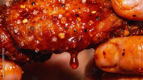 Extreme Close Up of Spicy Glazed Chicken Wing with Dripping Sauce, Macro Food Texture Detail