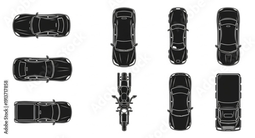Collection of vehicle silhouettes seen from above top view.
