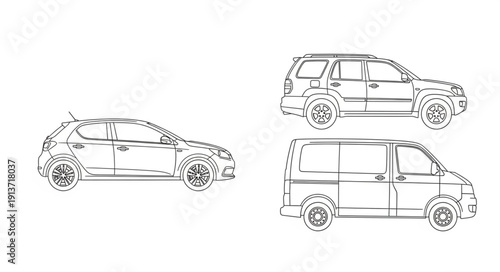 Collection of vehicle sketches including a hatchback SUV and van.