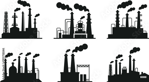 Black Silhouette Set of Industrial Factory Buildings and Power Plants with Smoking Chimneys for Manufacturing Energy Pollution and Global Warming