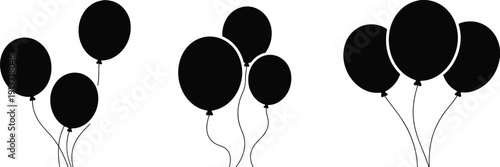 Black Silhouette Set of Party Balloon Bunches for Birthday Celebration Events Anniversaries and Festivals Isolated on White Background for Decoration