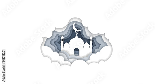 Islamic mosque illustration with crescent moon and clouds, a serene scene for Ramadan greeting card, vector art