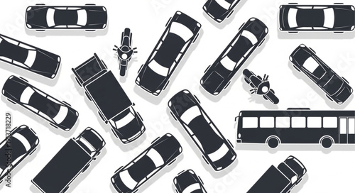 Collection of vehicles seen from above in a flat design style.