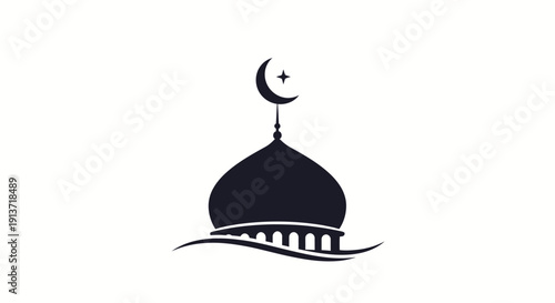 Illustration of a mosque with crescent moon and star symbolizing Ramadan Kareem celebration viewed from the front