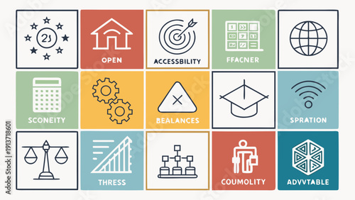 Collection of colorful icons representing various concepts including accessibility, technology, and community displayed on a grid layout