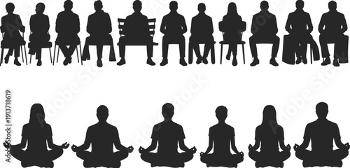 Silhouette Set of Business People Sitting in Chairs and Group of Men and Women Practicing Yoga Meditation for Wellness Balance