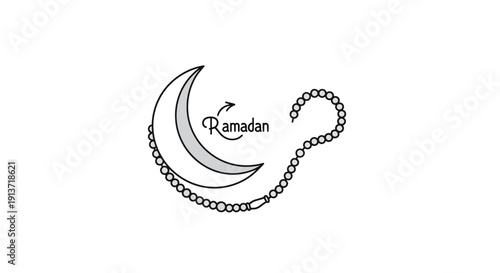 Celebrating Ramadan Kareem with crescent moon and rosary illustration on a white background from a front viewpoint