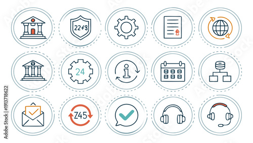 Collection of various icons representing technology and communication services displayed on a set of circular buttons