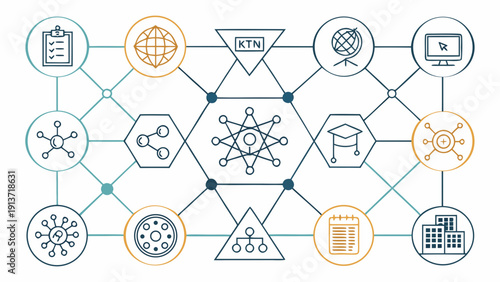 Interconnected icons representing various concepts linked to a central molecular structure symbolizing science and technology in a network diagram