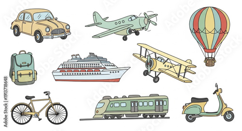 Collection of vintage transportation vehicles and modes of travel.