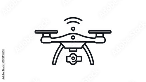 Black line art drone icon with camera and signal waves isolated on transparent background