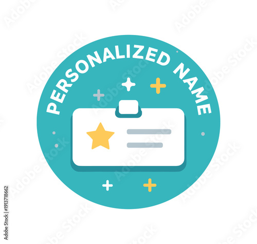 Flat vector badge PERSONALIZED NAME simple white name tag with good for package business info about product