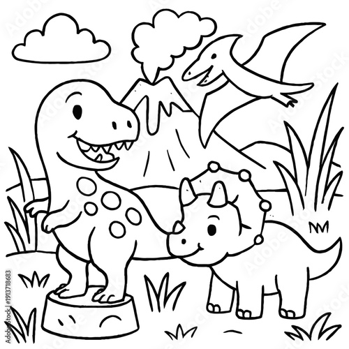 Smiling dinosaur and triceratops in prehistoric landscape with volcano and flying pterosaur, isolated on transparent background