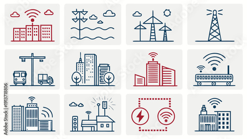 Modern industrial landscape with infrastructure, technology, and energy production facilities depicted through simple illustrations and icons