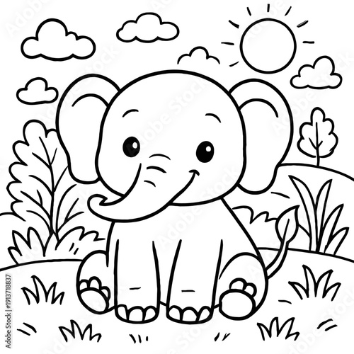 A smiling cartoon elephant sitting in a field with sun and clouds in a line art style
