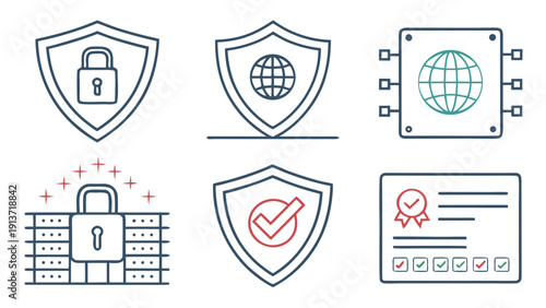 Collection of security icons representing protection, global security, data access, and verification on a digital platform.